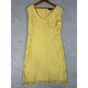 Lauren Ralph Lauren Yellow Lace Cap Sleeve V Neck Sheath Dress Size 10